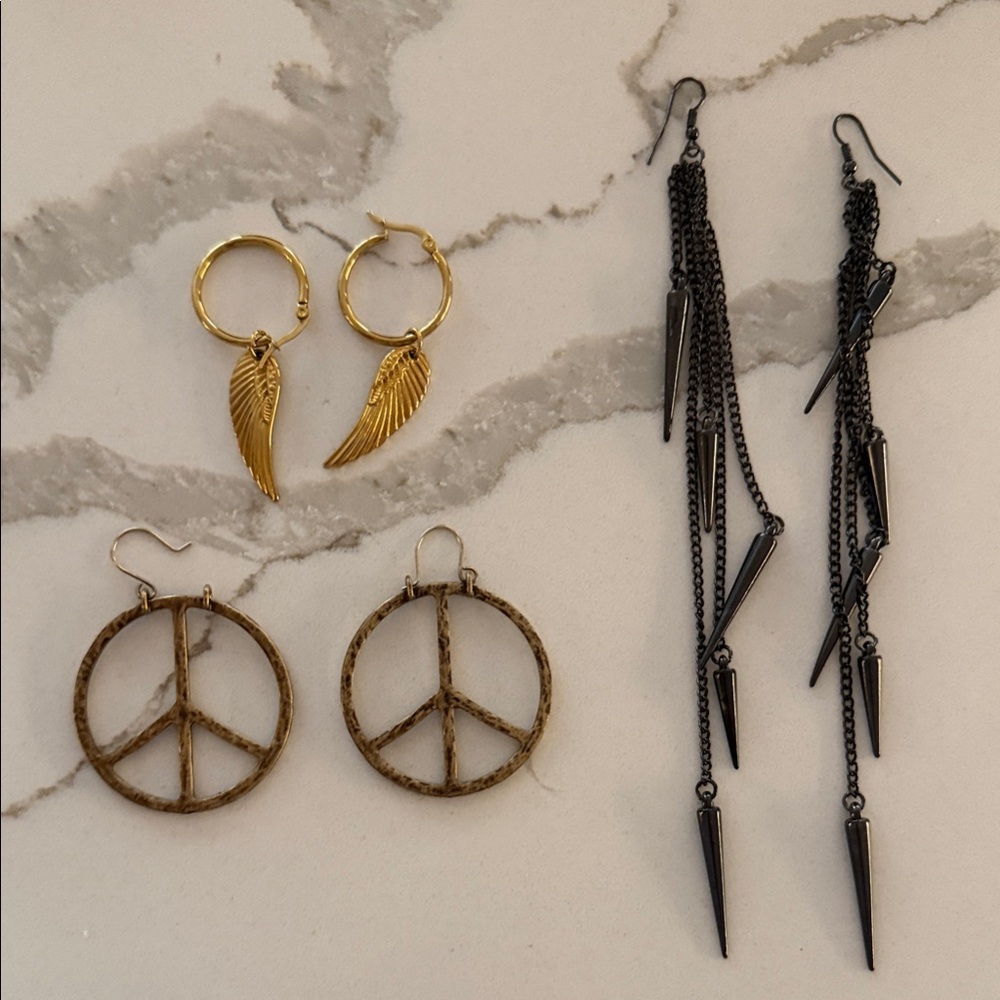 Gold Wing Hoop, peace sign and black dagger chain dangle Earrings Set